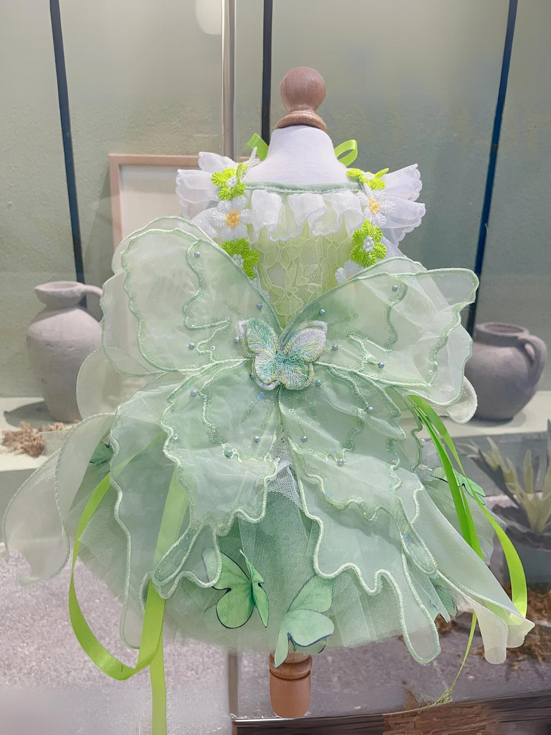 Dog Green Lace Flower With Wing Princess Halloween Dress