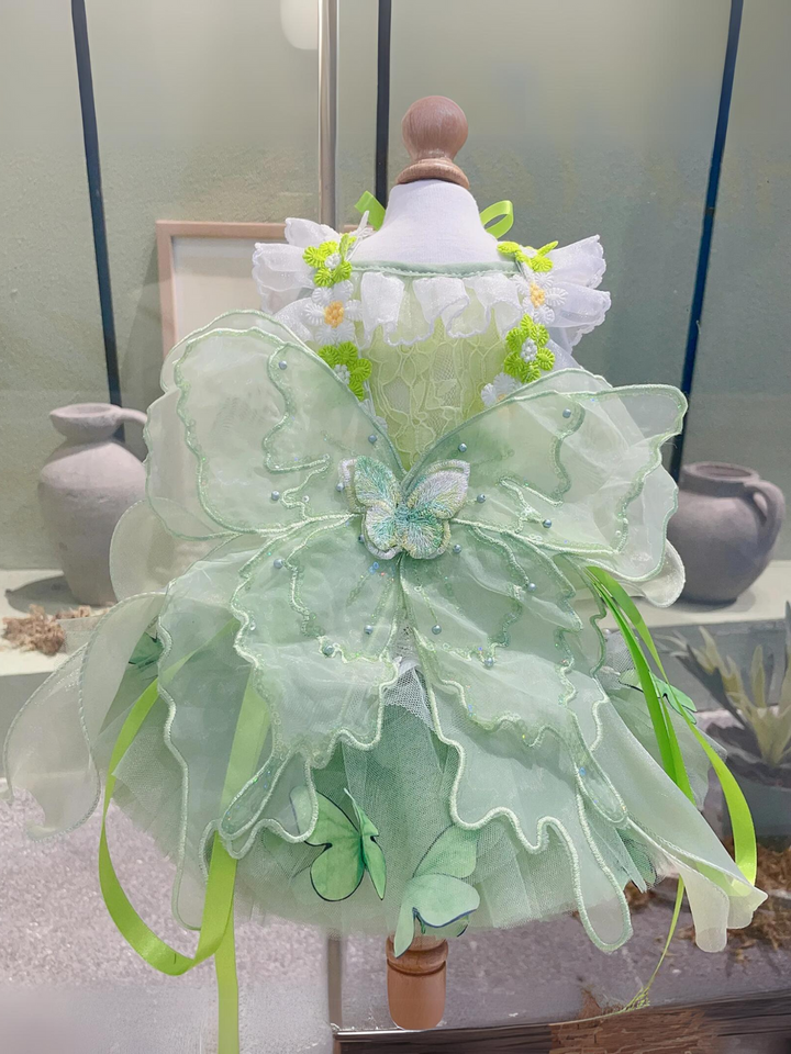 Dog Green Lace Flower With Wing Princess Halloween Dress