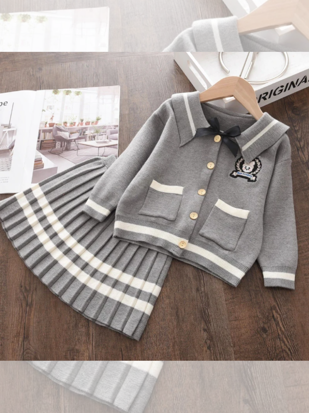 Girls Classic Grey Knitted Cardigan and Pleated Skirt Set  | preppy clothes, preppy clothing, preppy brands, preppy girl, preppy clothing, baby girl fall outfits, girls fall outfits, fall outfits for baby gir, fall dress, baby girl fall clothes