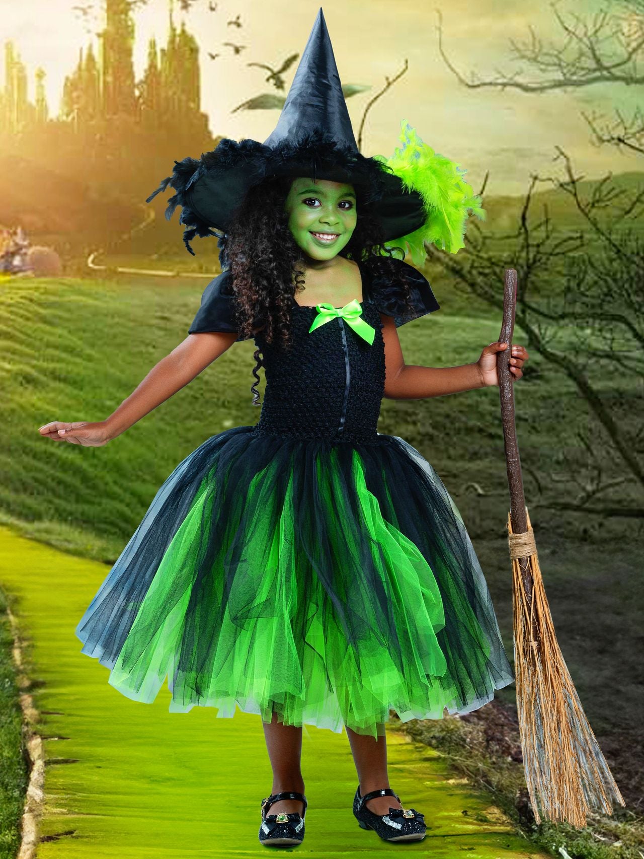 Girls Wicked Green Witch Costume Dress Black 4T
