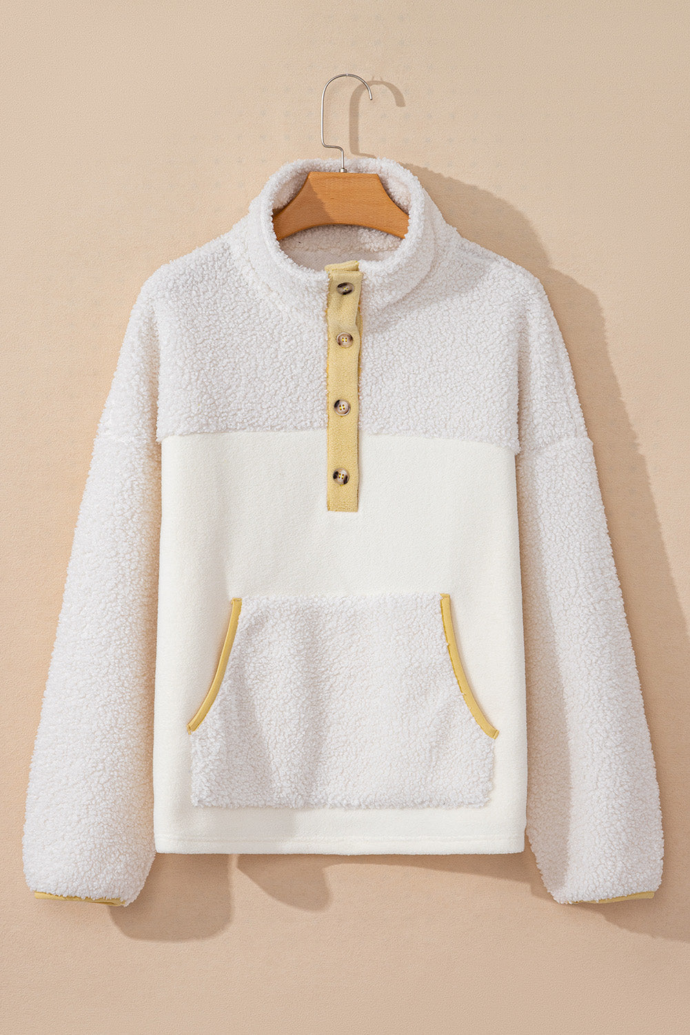 Womens Beige Fleece Colorblock Trim Buttons Collar Sweatshirt with Pocket