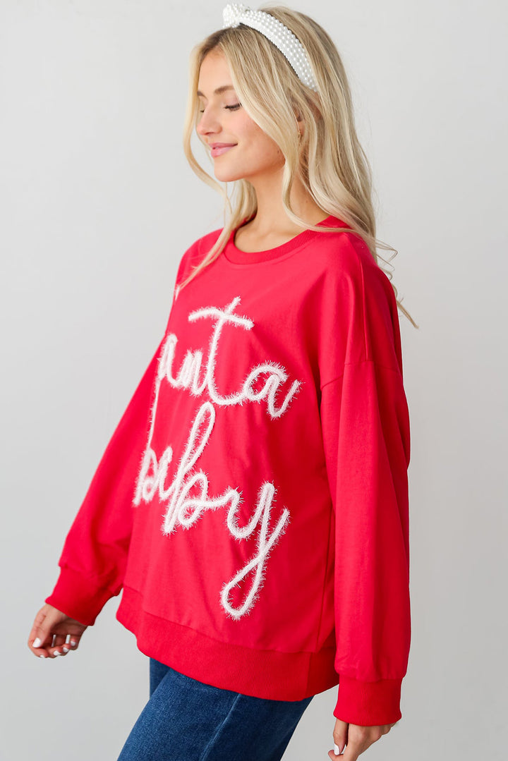 Womens Red Christmas Santa Baby Tinsel Graphic Sweatshirt