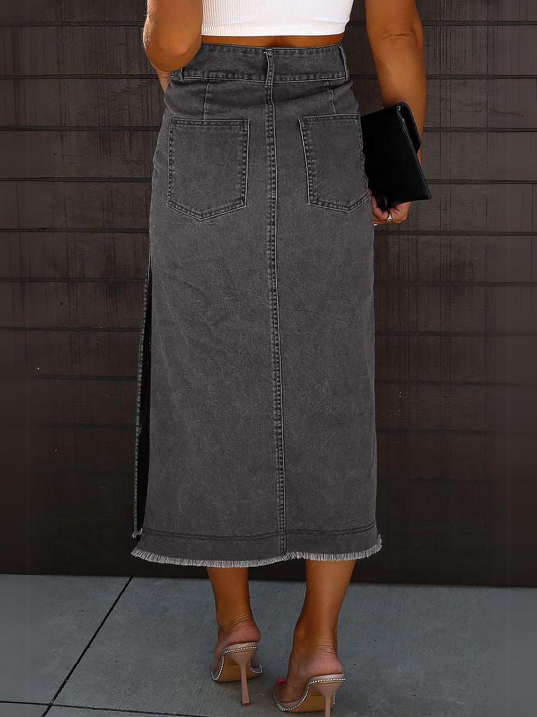 Womens Black Raw Edge Side Slits Buttoned Midi Denim Skirt