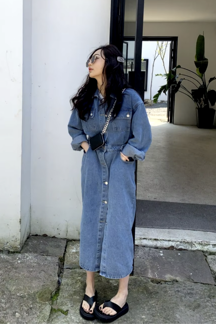 Womens Casual Chic Denim with Button-Down Front Long Dress