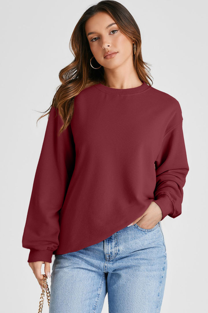 Womens Burgundy Plain Drop Shoulder Crewneck Pullover Sweatshirt