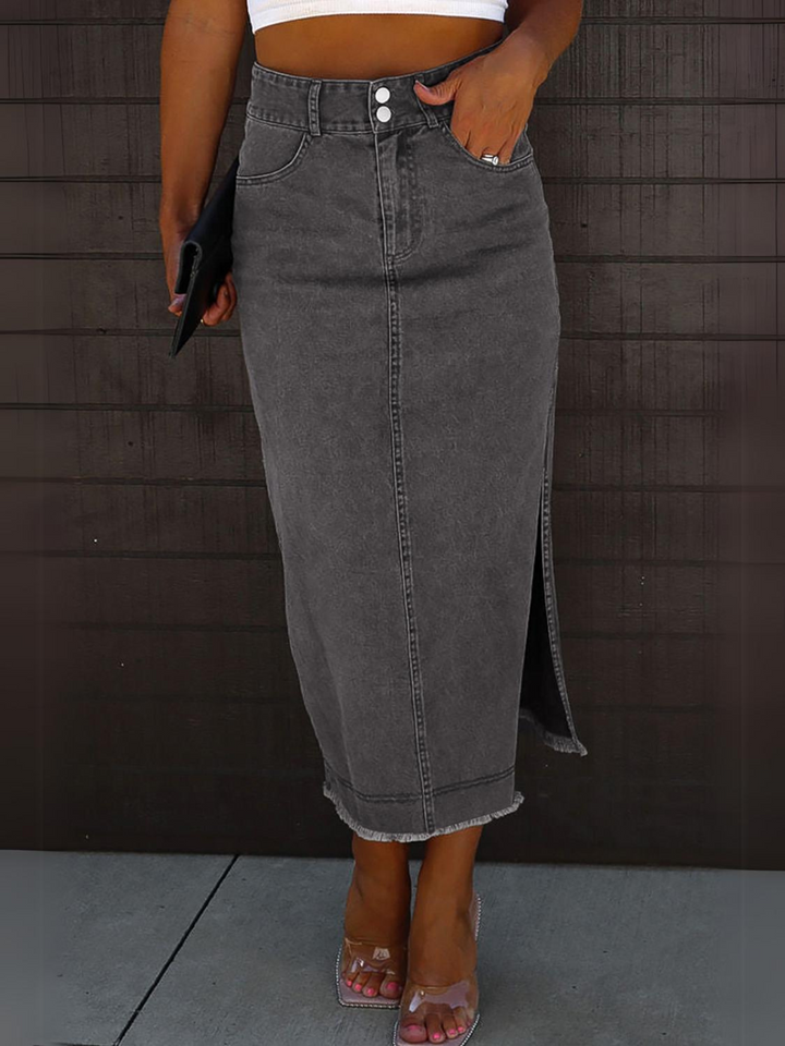 Womens Black Raw Edge Side Slits Buttoned Midi Denim Skirt