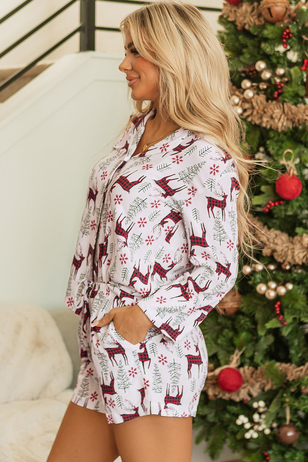 Womens White Christmas Deer Printed Shirt and Shorts Pajama Set