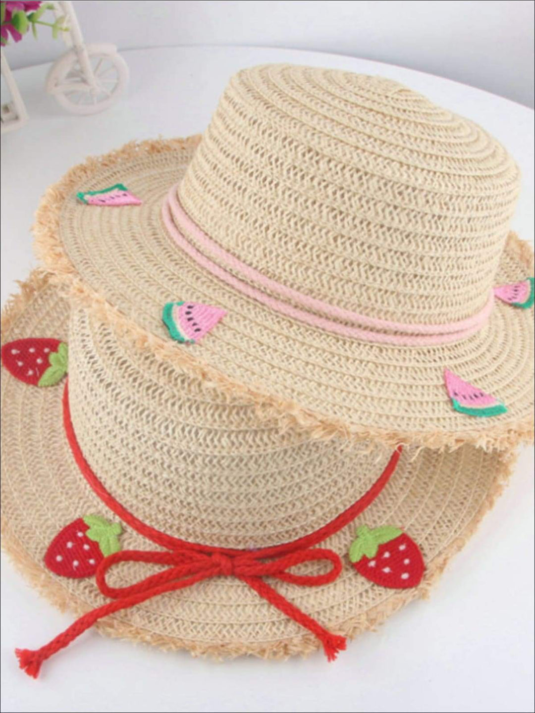 Girls Frayed Edge Fruit Embroidered Straw Hat