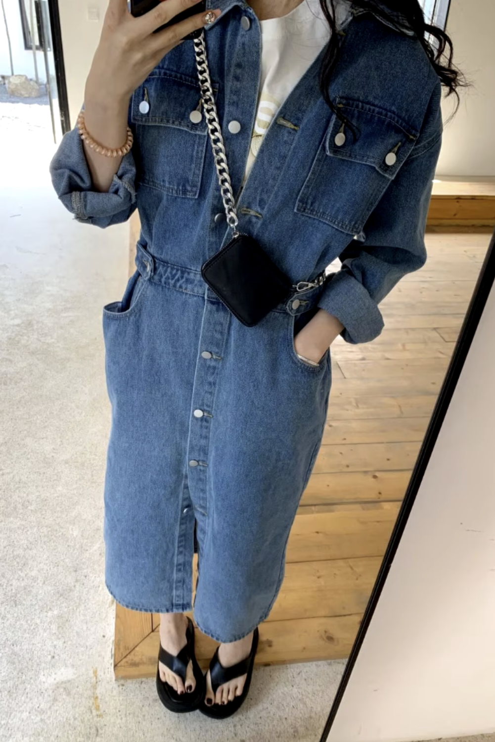 Womens Casual Chic Denim with Button-Down Front Long Dress