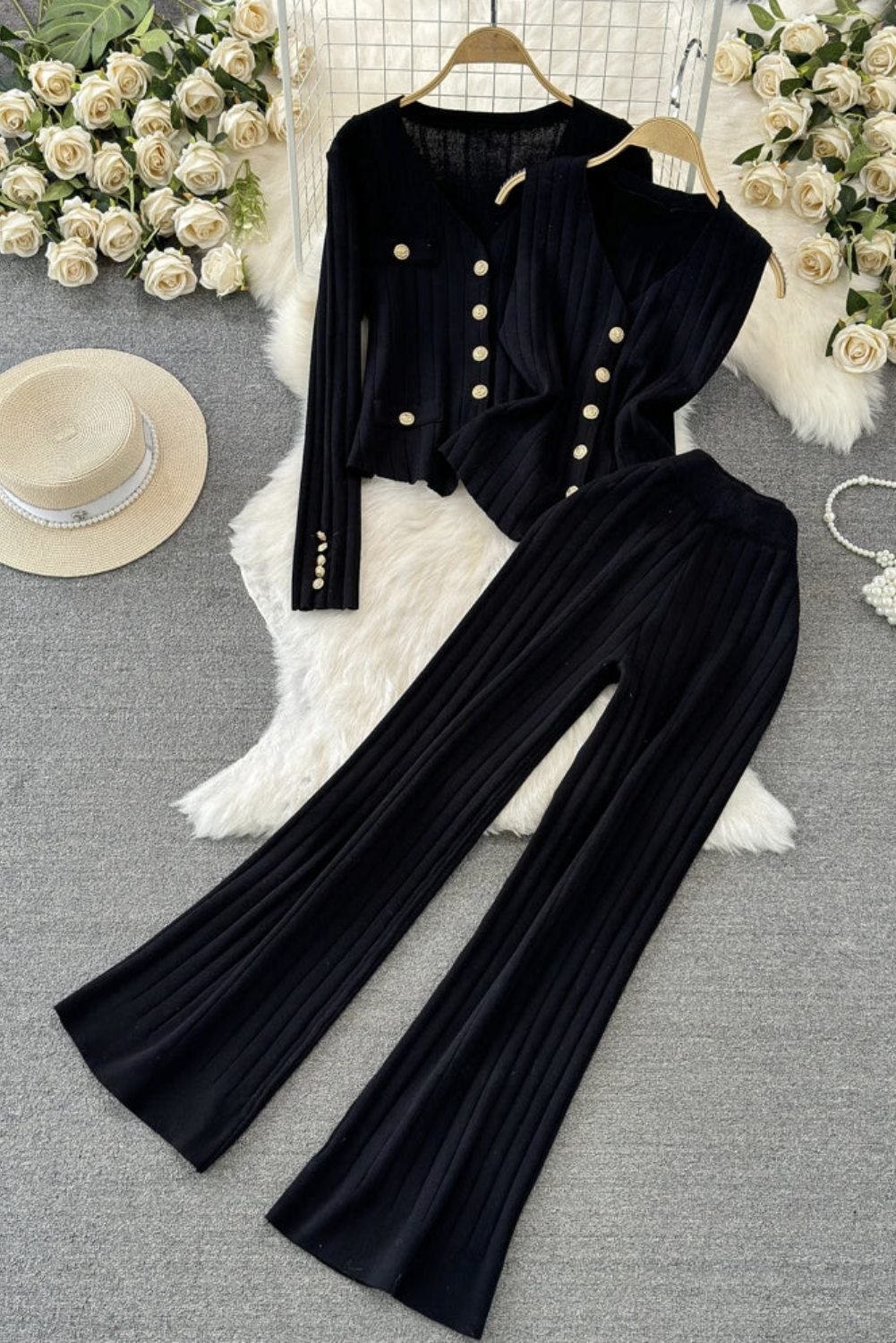 Womans Ribbed Cardigan & Wide-Leg Pant Set