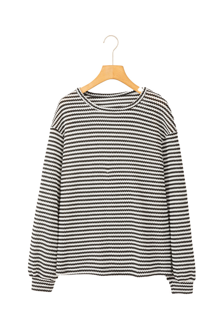 Womens Black Striped Round Neck Drop Shoulder Long Sleeve Top