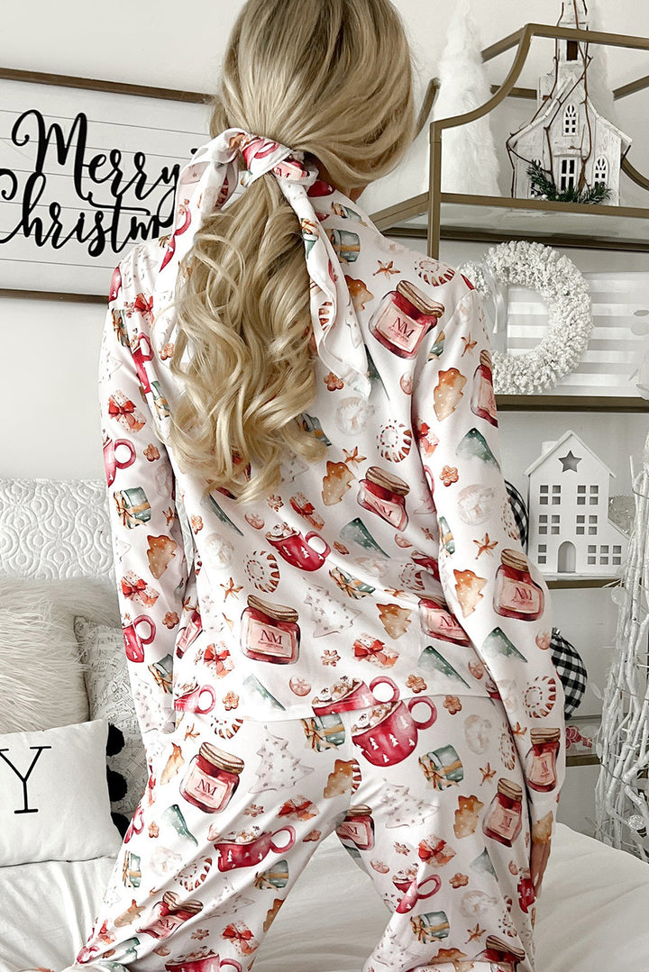 Womens White Christmas Pattern Long Sleeve Shirt and Pants Pajama Set