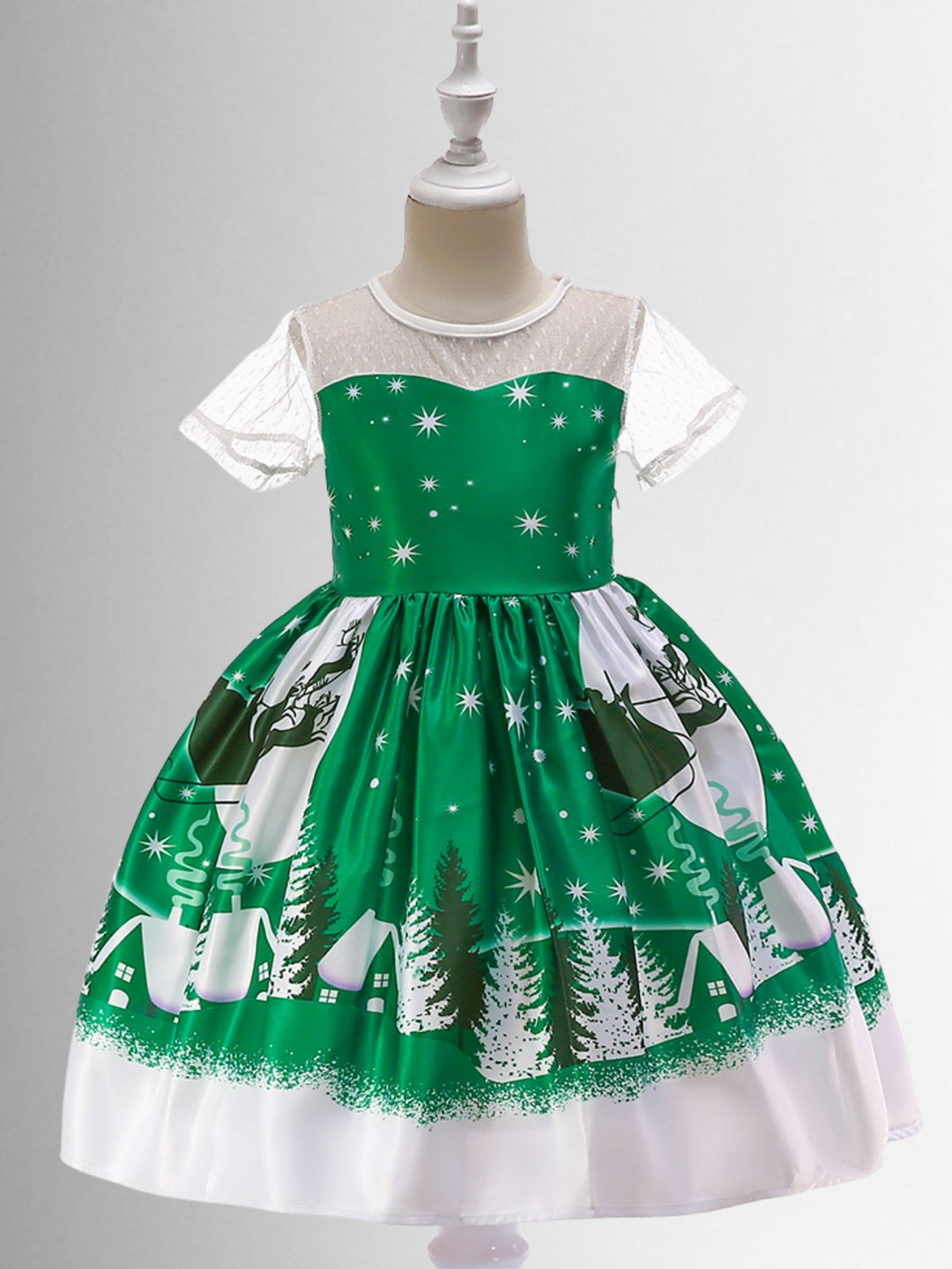 Girls Christmas Dresses | Santa's Sleigh Holiday Print Princess Dress 