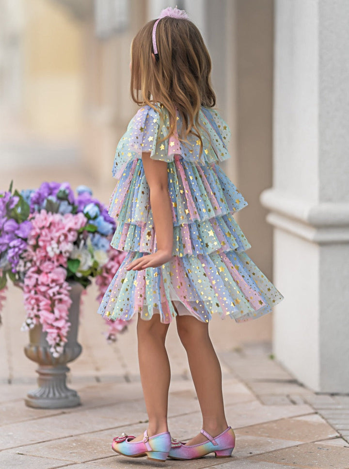 Girls Spring Dresses | Pastel Rainbow Sequin Star Tiered Tulle Dress