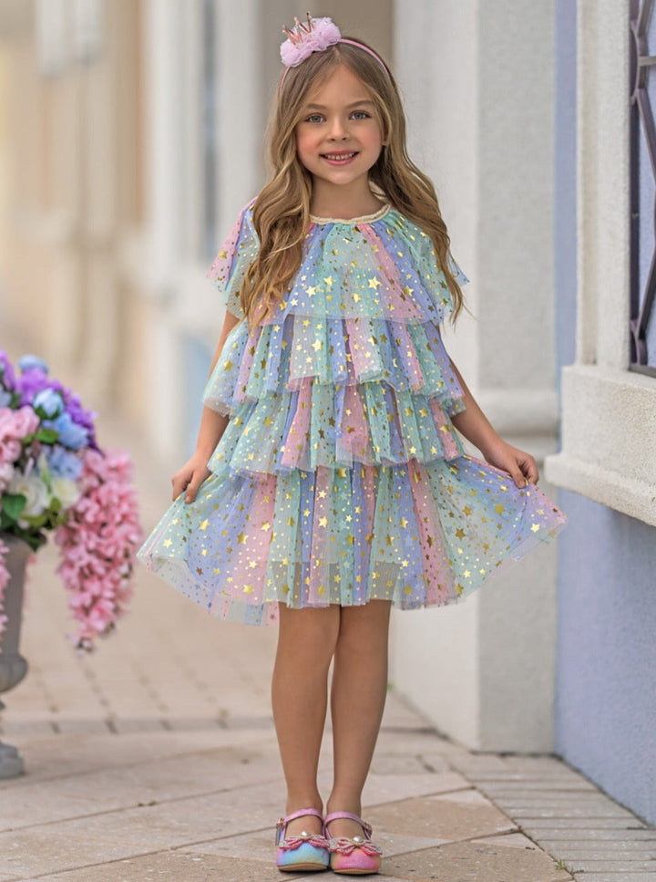 Girls Spring Dresses | Pastel Rainbow Sequin Star Tiered Tulle Dress