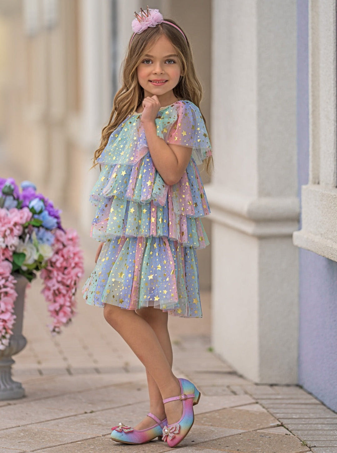 Girls Spring Dresses | Pastel Rainbow Sequin Star Tiered Tulle Dress