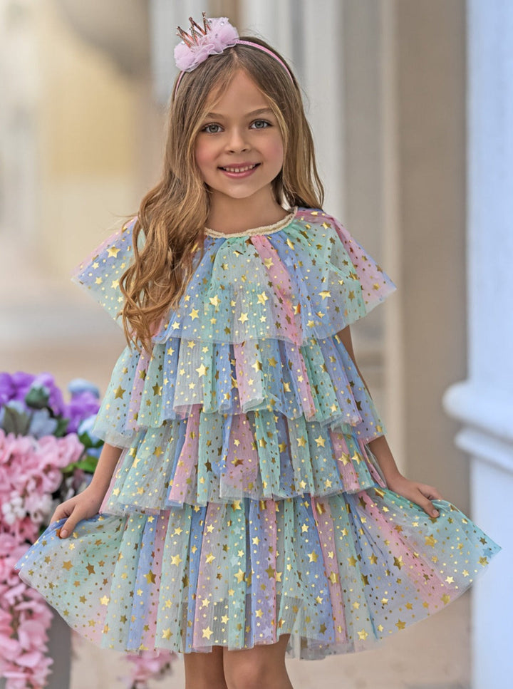 Girls Spring Dresses | Pastel Rainbow Sequin Star Tiered Tulle Dress