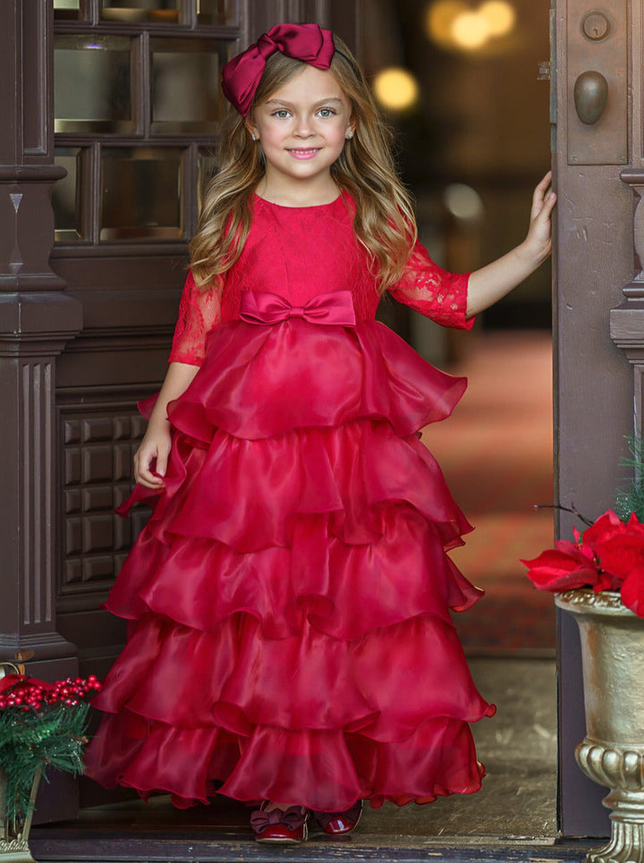 Girls Winter Holiday Dress | 3/4 Sleeve Lace Ruffle Formal Gown