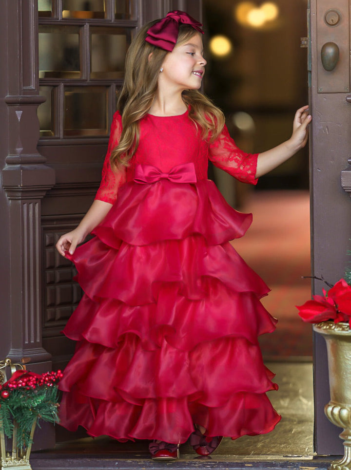 Girls Winter Holiday Dress | 3/4 Sleeve Lace Ruffle Formal Gown