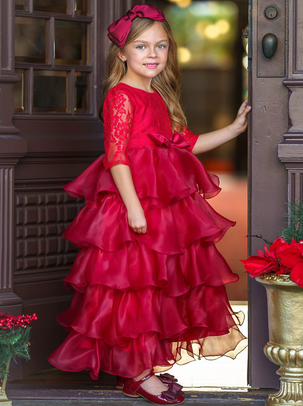 Girls Winter Holiday Dress | 3/4 Sleeve Lace Ruffle Formal Gown