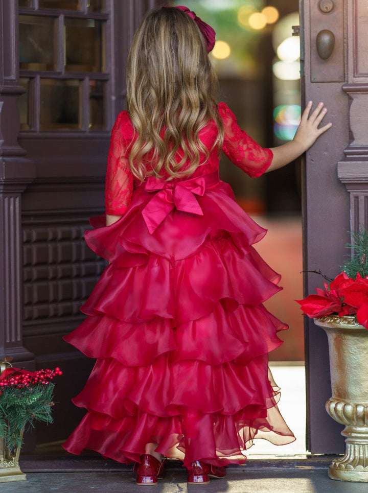 Girls Winter Holiday Dress | 3/4 Sleeve Lace Ruffle Formal Gown