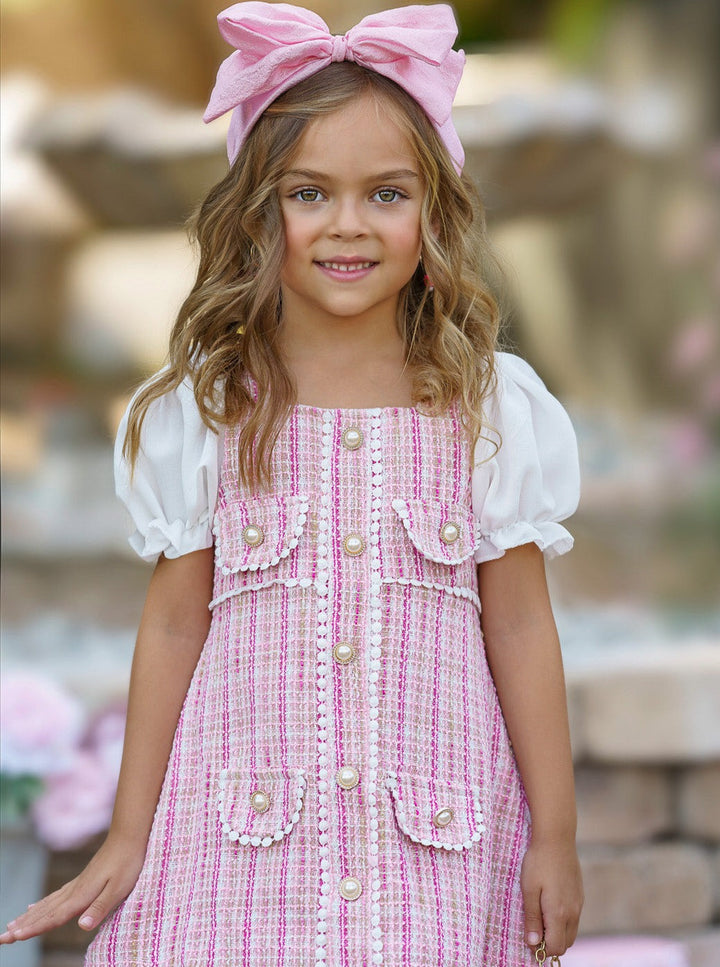 Girls Preppy Chic Dresses | Pink Plaid Pearl Dress | Mia Belle Girls