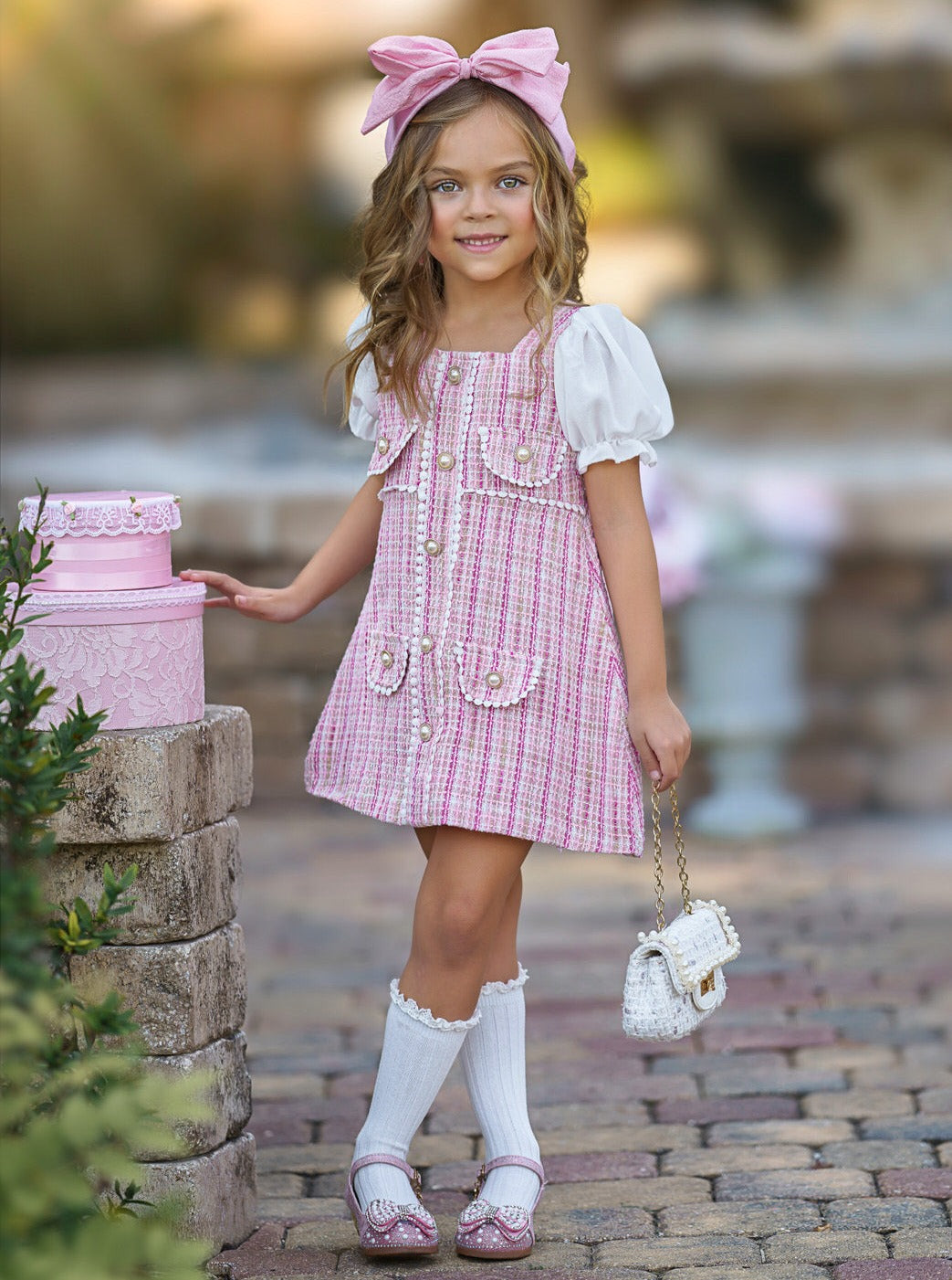 Girls Preppy Chic Dresses | Pink Plaid Pearl Dress | Mia Belle Girls