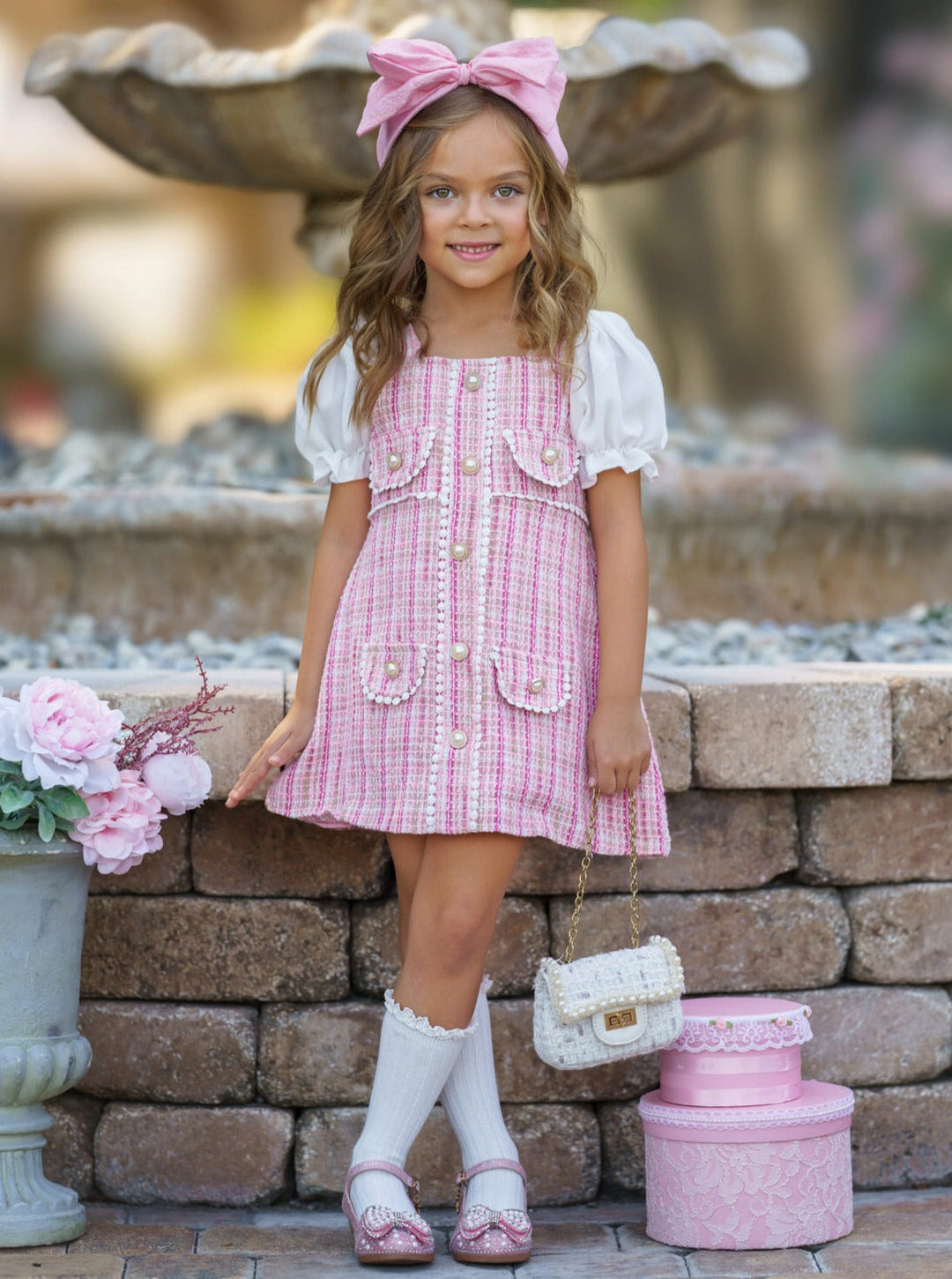 Girls Preppy Chic Dresses | Pink Plaid Pearl Dress | Mia Belle Girls