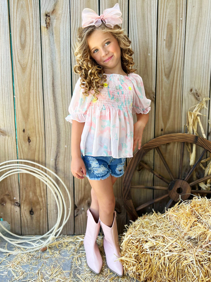 Pastel Floral Puff Sleeve Blouse| Cowgirl Fashion | Mia Belle Girls