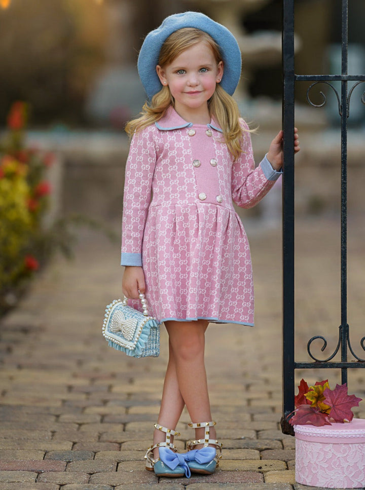 Girls Preppy Chic Dresses | Pink Monogram Knit Dress | Mia Belle Girls