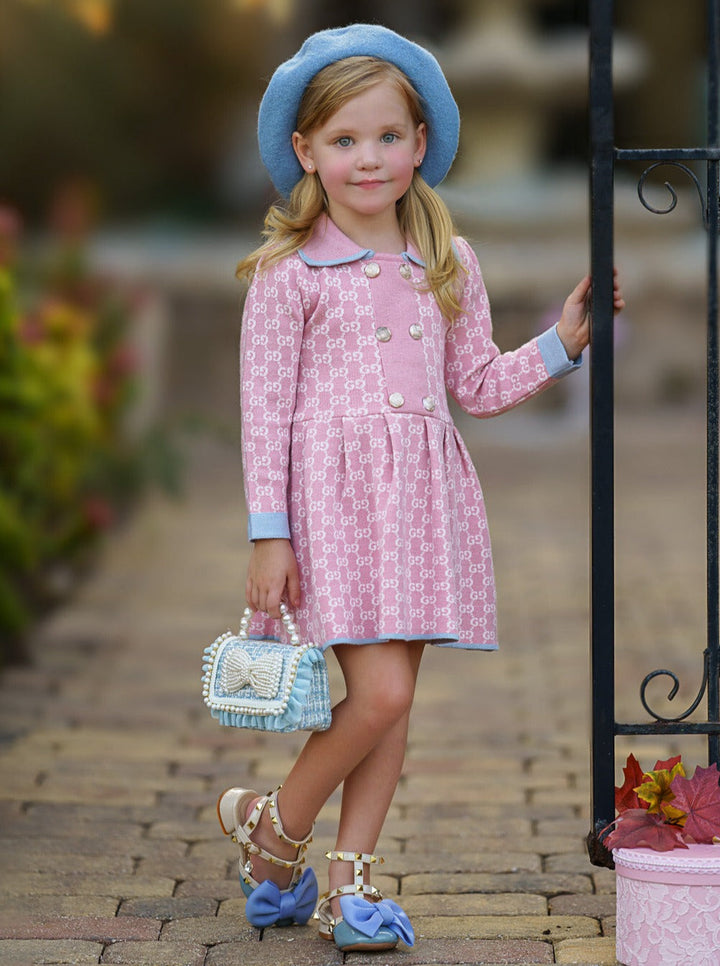 Girls Preppy Chic Dresses | Pink Monogram Knit Dress | Mia Belle Girls