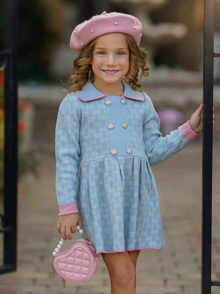 Girls Preppy Chic Dresses | Blue Monogram Knit Dress | Mia Belle Girls