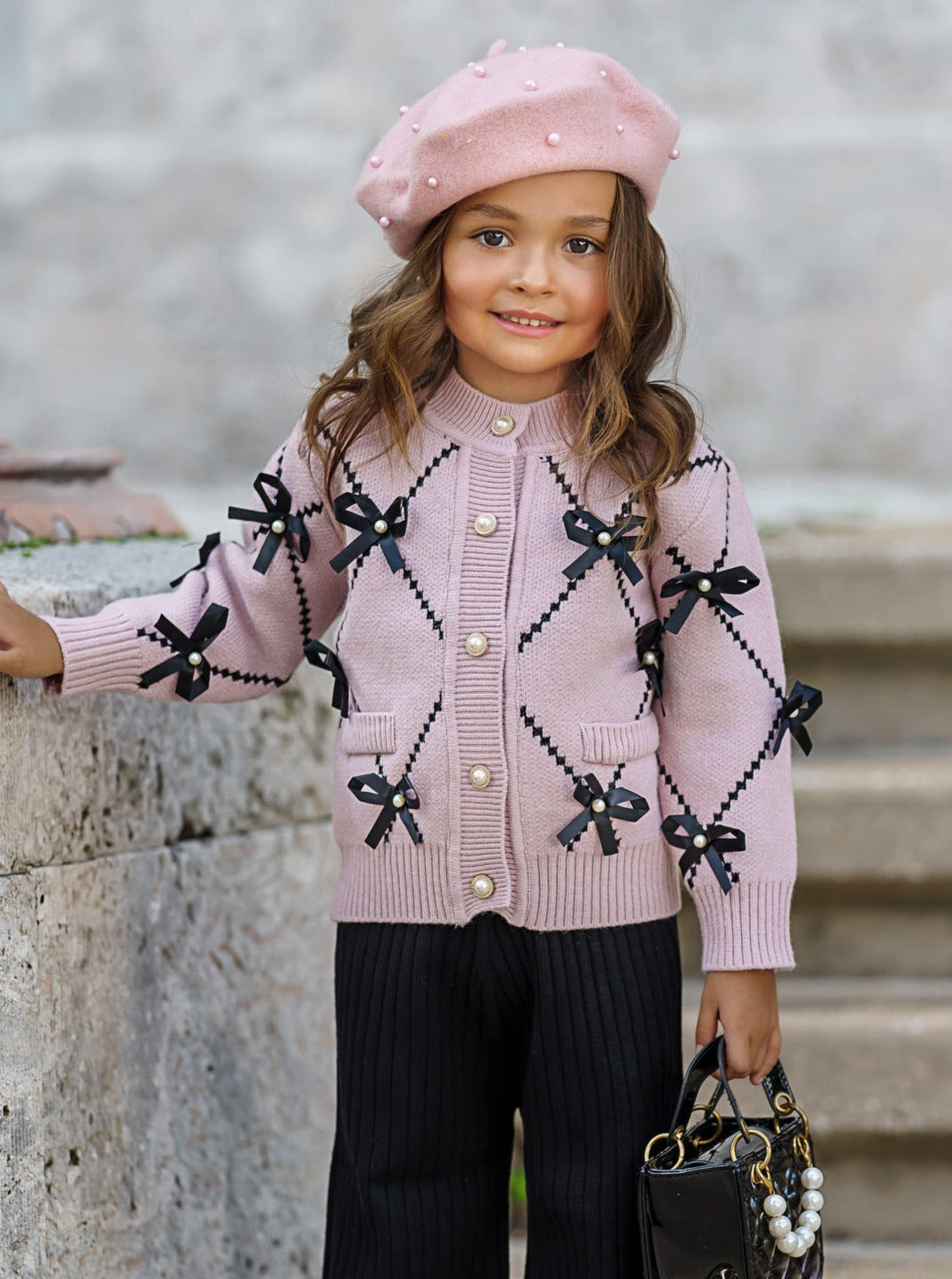 Darling Fashionista Bow-Embellished Pink Sweater & Pants Set