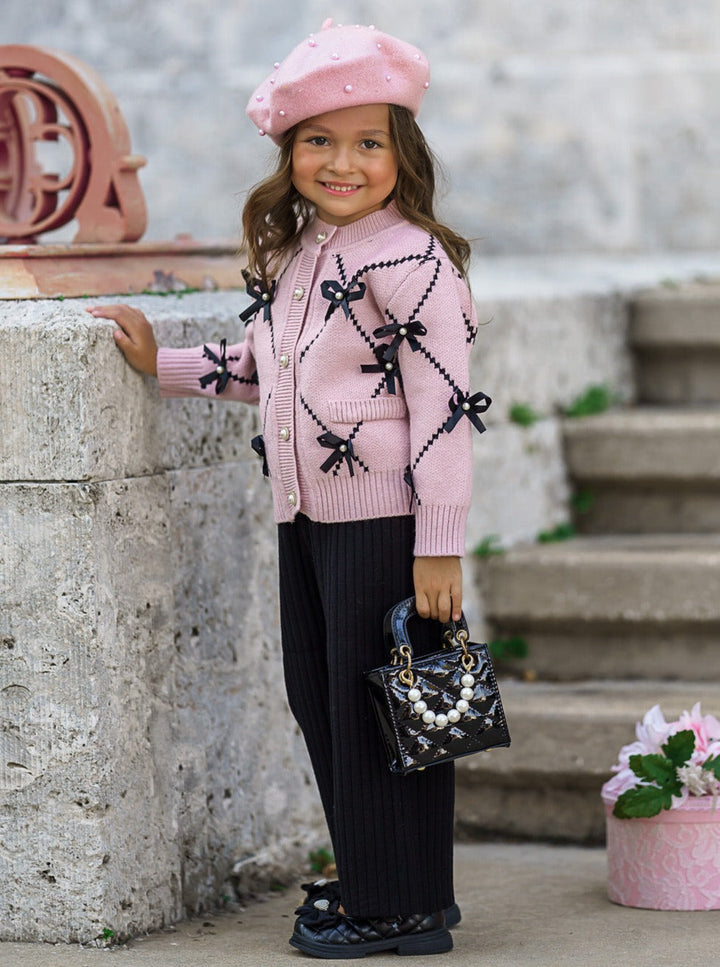 Darling Fashionista Bow-Embellished Pink Sweater & Pants Set