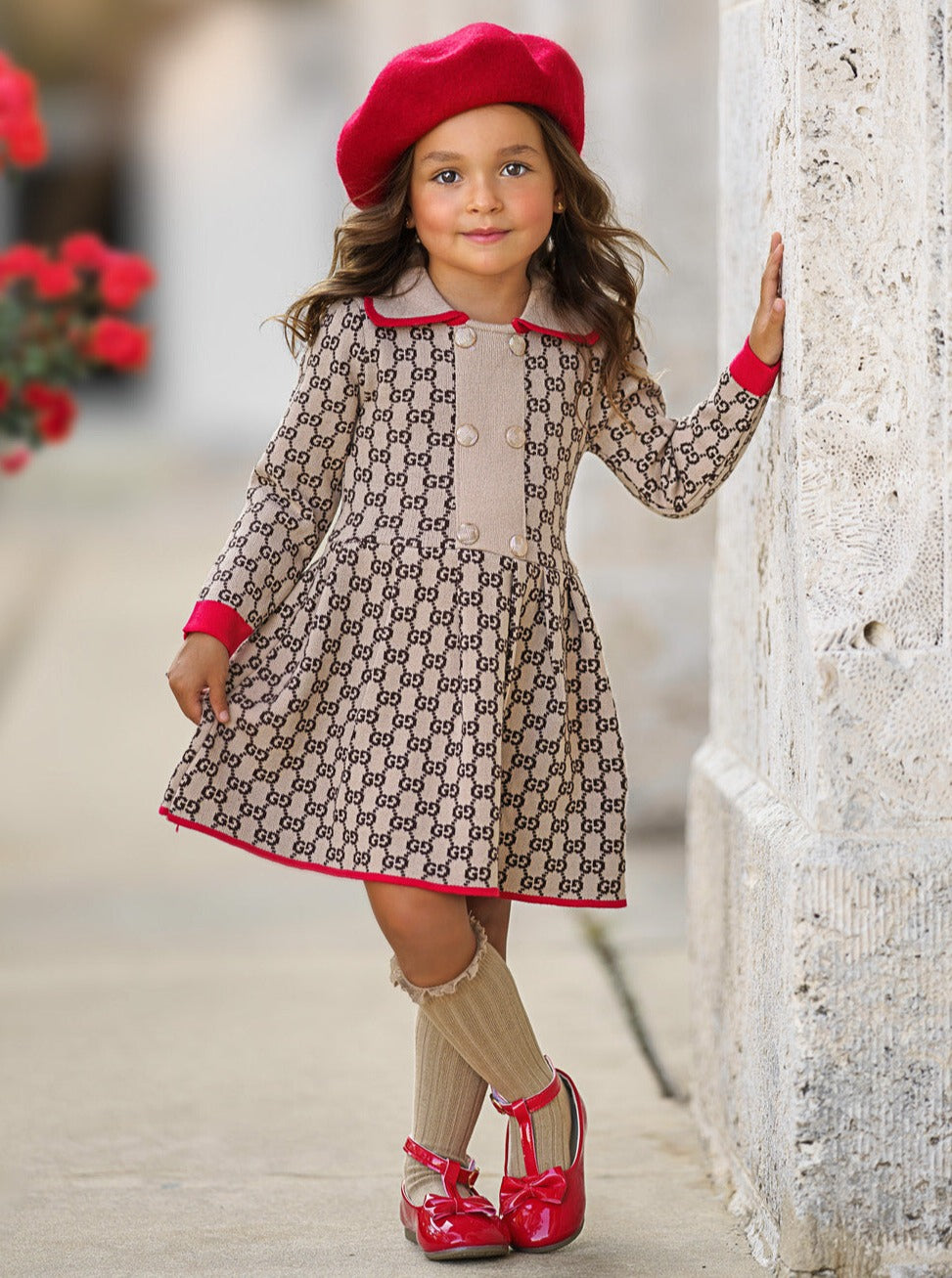 Girls Preppy Chic Dress | Beige Monogram Knit Dress | Mia Belle Girls