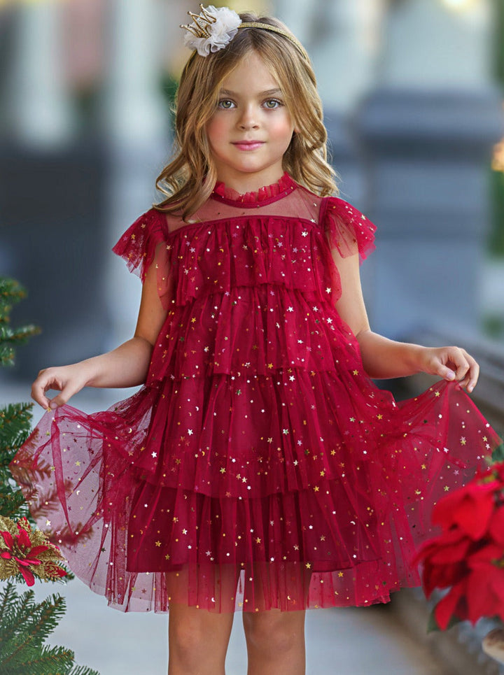 Mia Belle Girls Red Star Sequin Tiered Tulle Dress | Girls Dresses