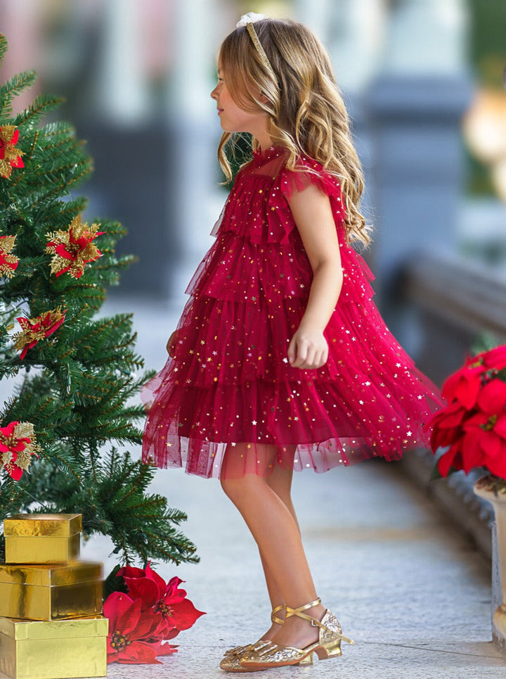 Mia Belle Girls Red Star Sequin Tiered Tulle Dress | Girls Dresses