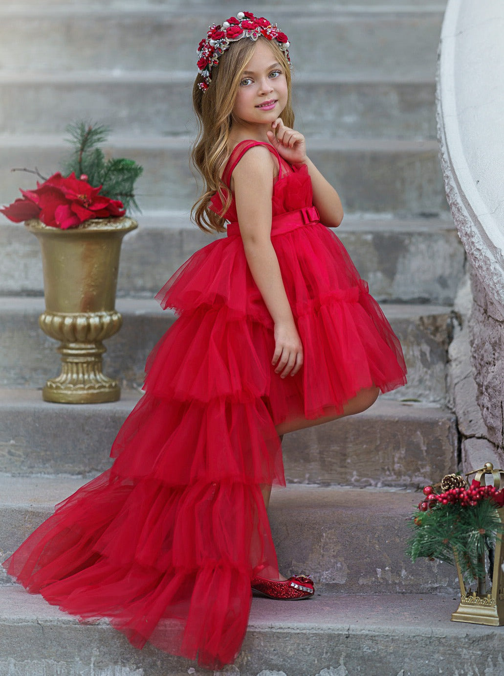 Mia Belle Girls Trailing Tulle Gown | Girls Winter Formal Dress