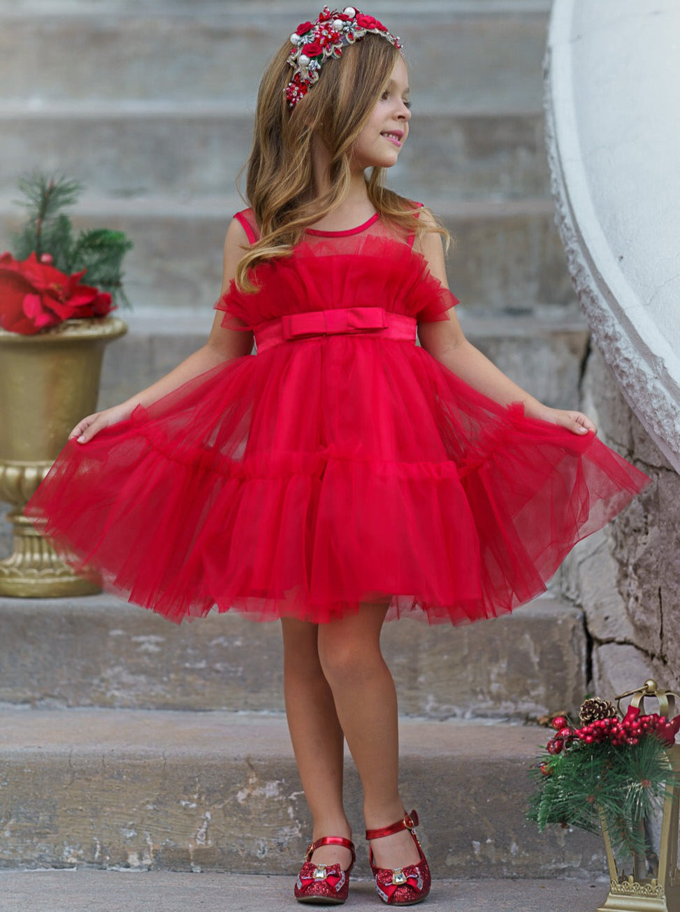 Mia Belle Girls Trailing Tulle Gown | Girls Winter Formal Dress