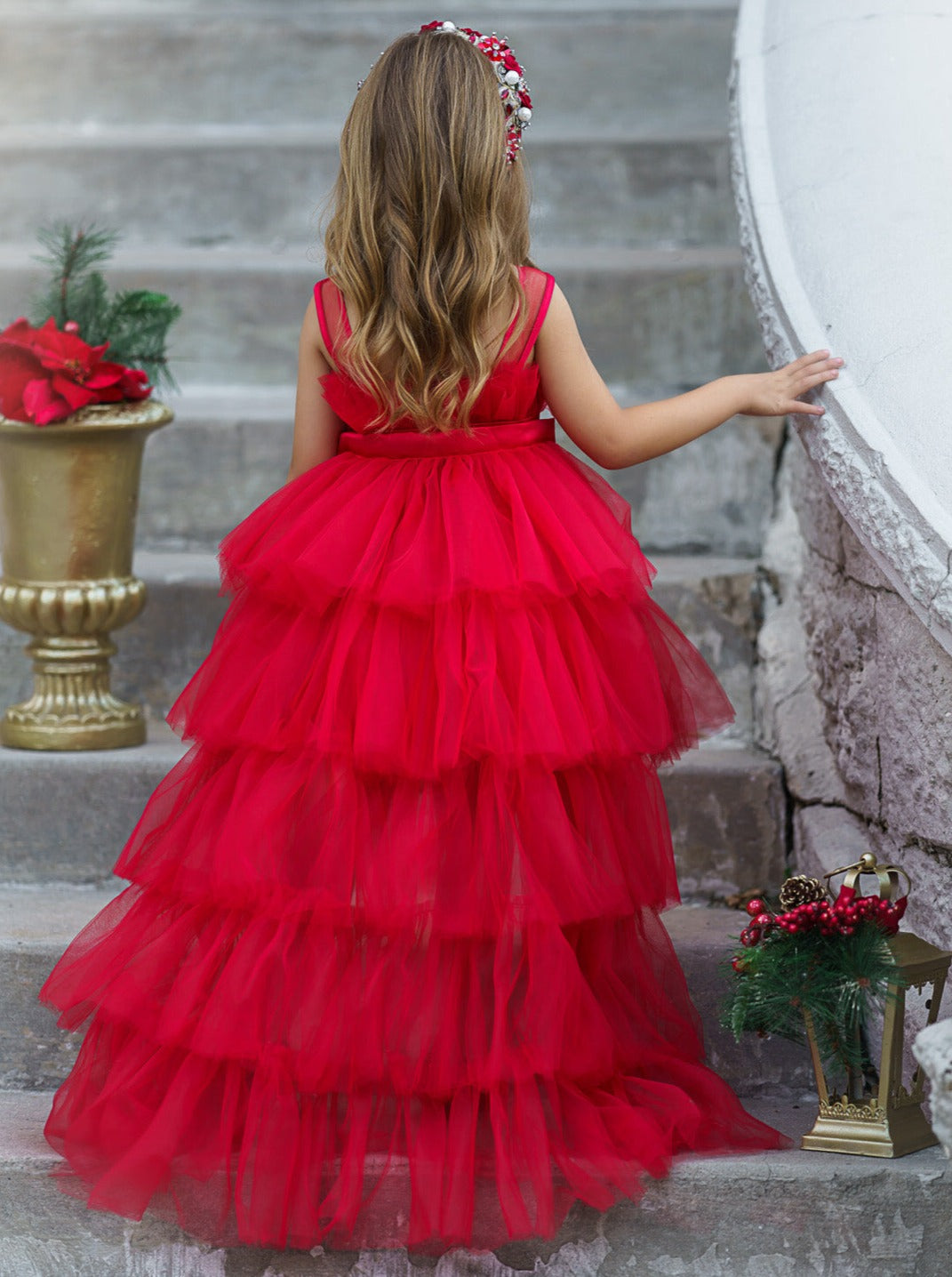 Mia Belle Girls Trailing Tulle Gown | Girls Winter Formal Dress