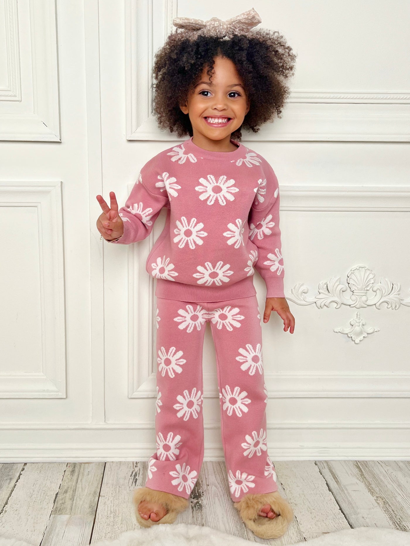 Mia Belle Girls Pink Knit Flower Sweatpants Set | Cute Winter OutfitsMia Belle Girls Pink Knit Flower Sweatpants Set | Cute Winter Outfits