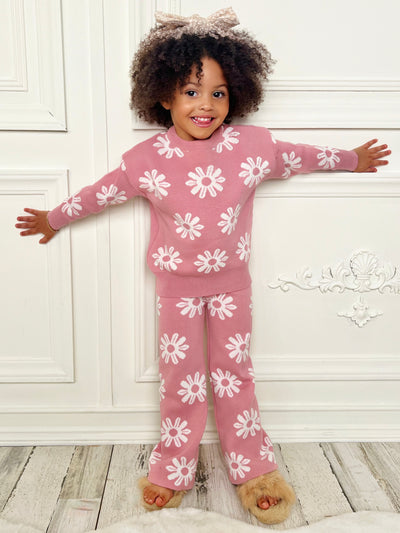 Mia Belle Girls Pink Knit Flower Sweatpants Set | Cute Winter Outfits