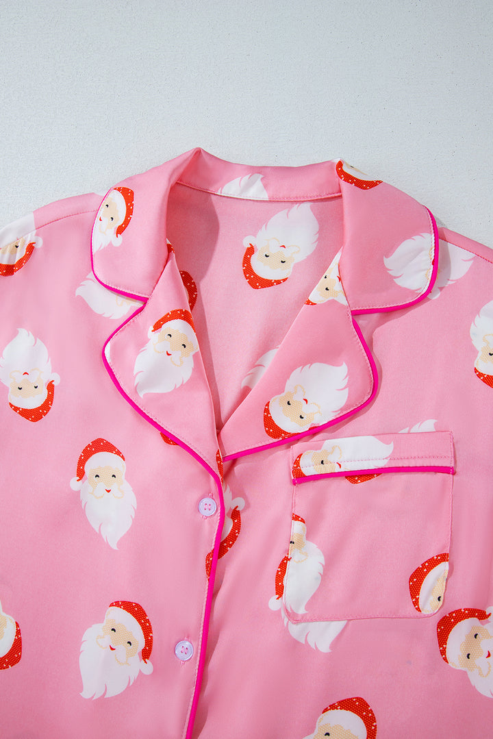 Womens Pink Satin Christmas Santa Claus Pajama Set