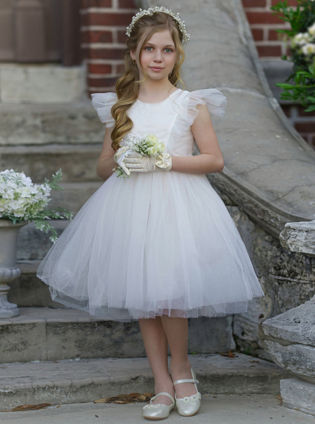 Mia Belle Girls Flutter Sleeve Tulle Dress | Girls Communion Dresses