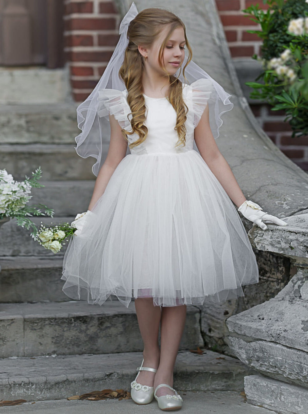 Mia Belle Girls Flutter Sleeve Tulle Dress | Girls Communion Dresses