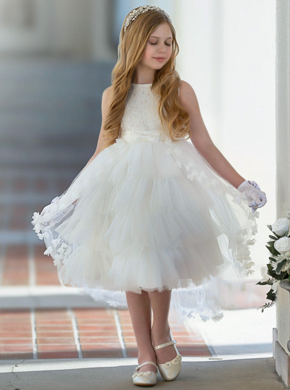 Mia Belle Girls Tiered Hi-Lo Tulle Gown | Girls Communion Dresses