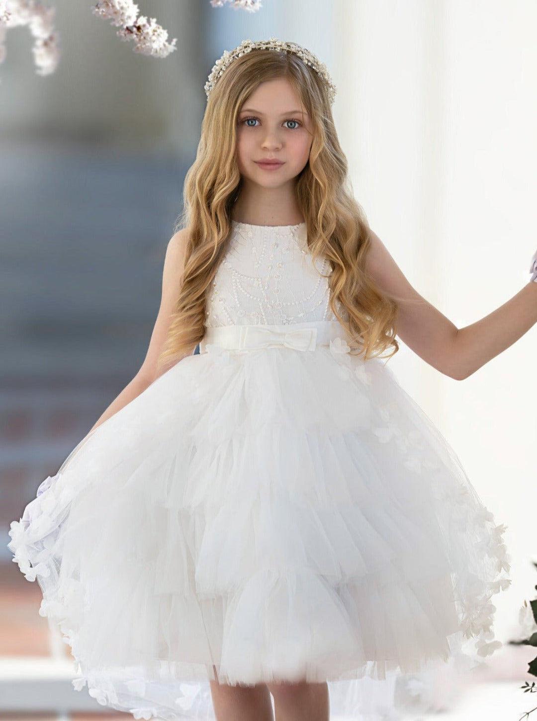 Mia Belle Girls Tiered Hi-Lo Tulle Gown | Girls Communion Dresses