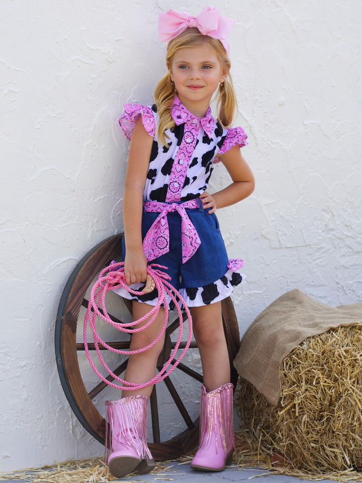 Mia Belle Girls Cow Print Denim Short Set | Girls Cowgirl Outfits