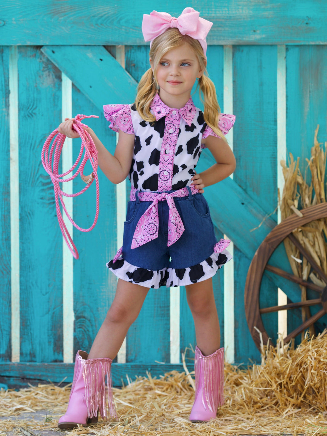 Mia Belle Girls Cow Print Denim Short Set | Girls Cowgirl Outfits