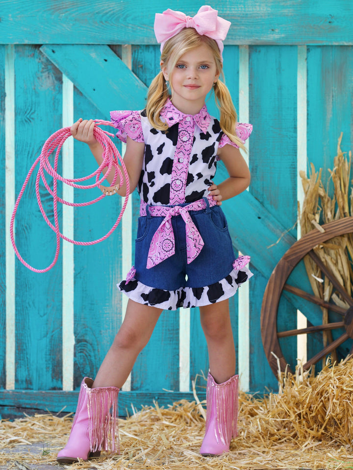 Mia Belle Girls Cow Print Denim Short Set | Girls Cowgirl Outfits